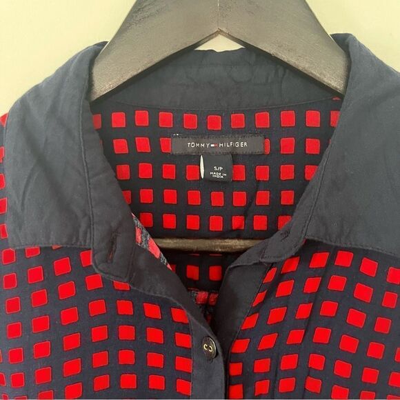 Tommy Hilfiger Red Navy Windowpane Pattern Button Down Cinch Waist Shirt Dress - Picture 6 of 7